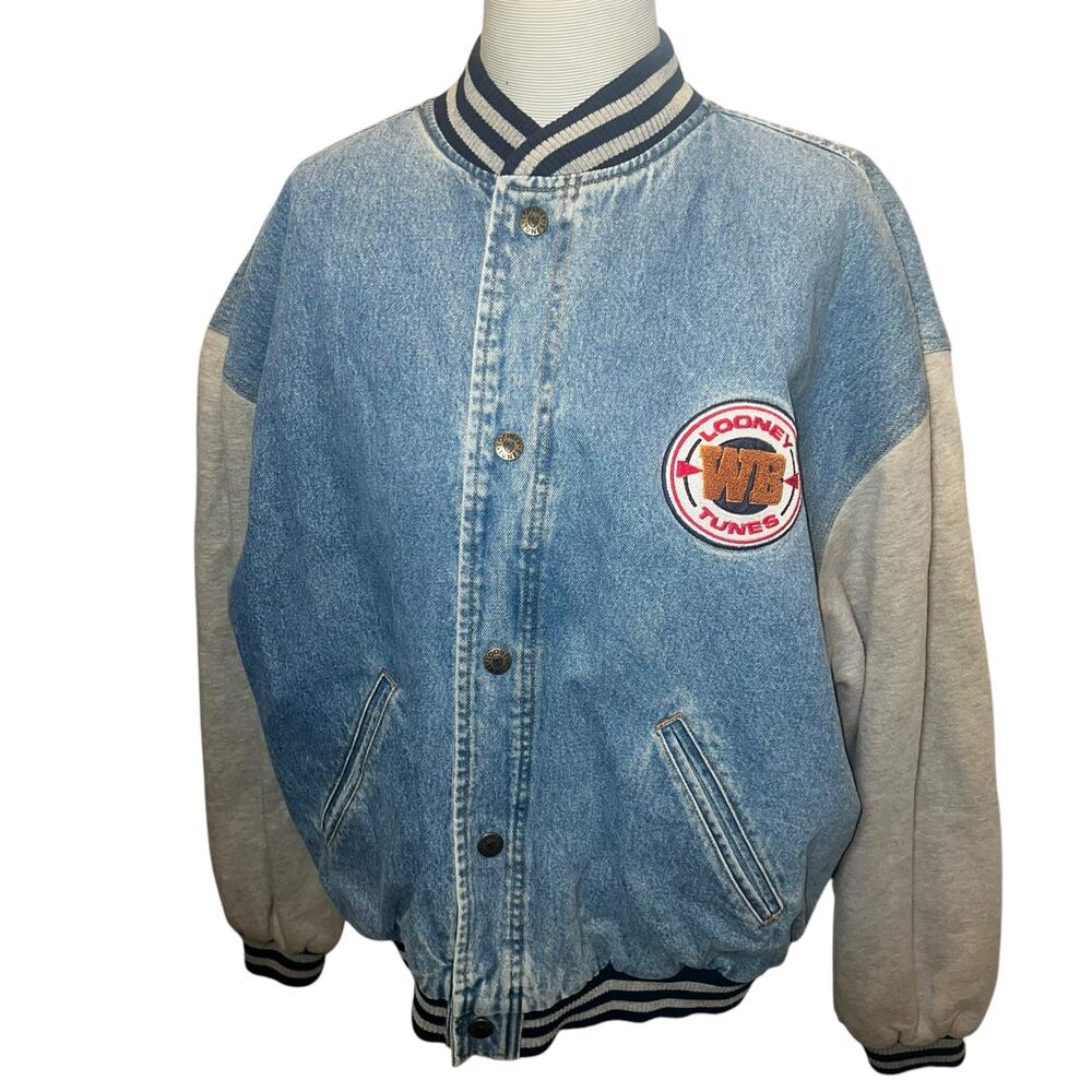 Vintage 90s Looney Tunes Vintage Denim Varisity jacket embroidered size large - Picture 1 of 14
